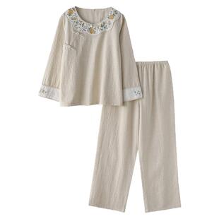国风刺绣绣花格格服睡衣女春秋季纯棉亚麻高级感长袖家居服套装