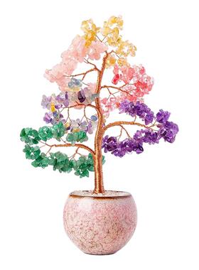 天然水晶七彩碎石摇钱树手工编织