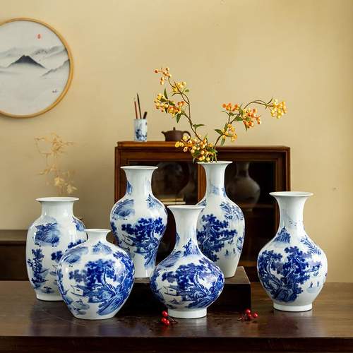 景德镇山水画陶瓷花盆花瓶半青花瓷中式摆件韵古品质手绘好