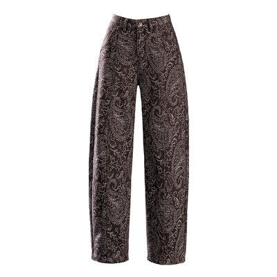 棕色腰果花加绒牛仔裤宽松弯刀裤