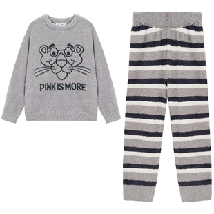 亲嘴猫【粉红豹】半边绒可外穿保暖加厚条纹睡衣家居服套装秋冬女