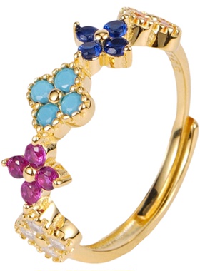 S925纯银彩色四叶草锆石戒指女