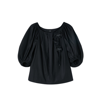 U/TI黑色一字肩花朵衬衫女装设计感简约百搭上衣尤缇时尚夏季新款