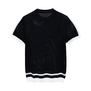 夏季新款镂空透气针织上衣男t恤短袖 独特黑白拼色修身圆领男体桖