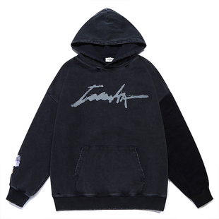 GUUKA废土风黑色高街卫衣男冬季加厚潮牌 拼接毛衣做旧连帽衫宽松