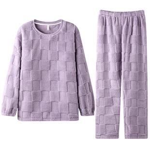 秋冬季珊瑚绒情侣睡衣女款加厚加绒保暖纯色冬天男士家居服套装