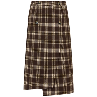 曼德诗撞色格纹半身裙2025冬季新品复古显瘦中长款不规则包臀裙女