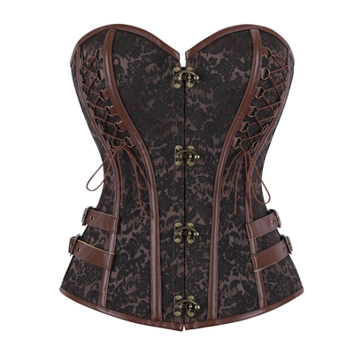 束身衣棕褐提花仿皮拼接海盗束腰