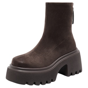 lee cooper厚底增高时装靴女款2026新款冬季鞋子黑色弹力中筒靴