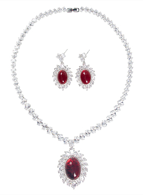 复古中式镶钻大蛋面耳环项链首饰