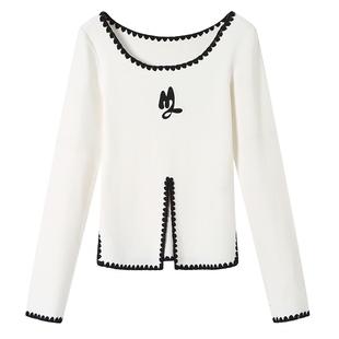 ANDREA MARTIN秋冬新款撞色刺绣开叉修身上衣时尚百搭多色长袖T恤