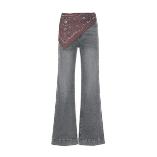 wana try显瘦复古洗水灰蓝色牛仔喇叭裤含腰果花丝巾2025冬季新款