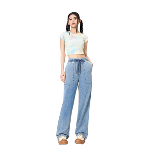 Fun潮牌牛仔长裤女春夏新款街头嘻哈爵士街舞高弹修身运动休闲裤