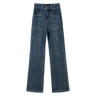 拉夏贝尔复古蓝牛仔裤女2026春季新款流行爆款阔腿裤小个子九分裤