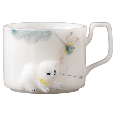 浮雕小猫咖啡杯釉下彩手柄大茶杯