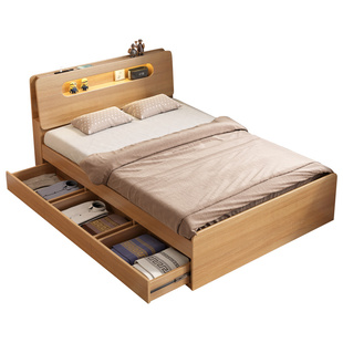 储物单人床家用1.2米现代简约小户型原木色箱体床带灯子母床拖床