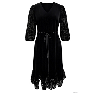 马天奴秋冬女黑色V领系带收腰连衣裙子赫本风小黑裙气质法式时尚