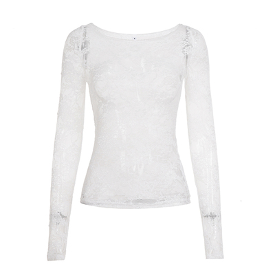 WEEKEEP 辣妹性感白色蕾丝轻薄微透蕾丝衫百搭基础修身长袖罩衫