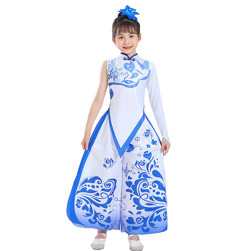 女童青花瓷国潮复古演出服古典舞踏歌中国风表演服幼儿走秀套装