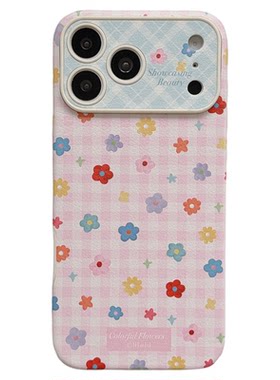 jze 韩风满屏彩色格子花朵适用苹果17ProMax手机壳高级感小众iphone15新款16pro女17pro仿皮14全包防摔手机套