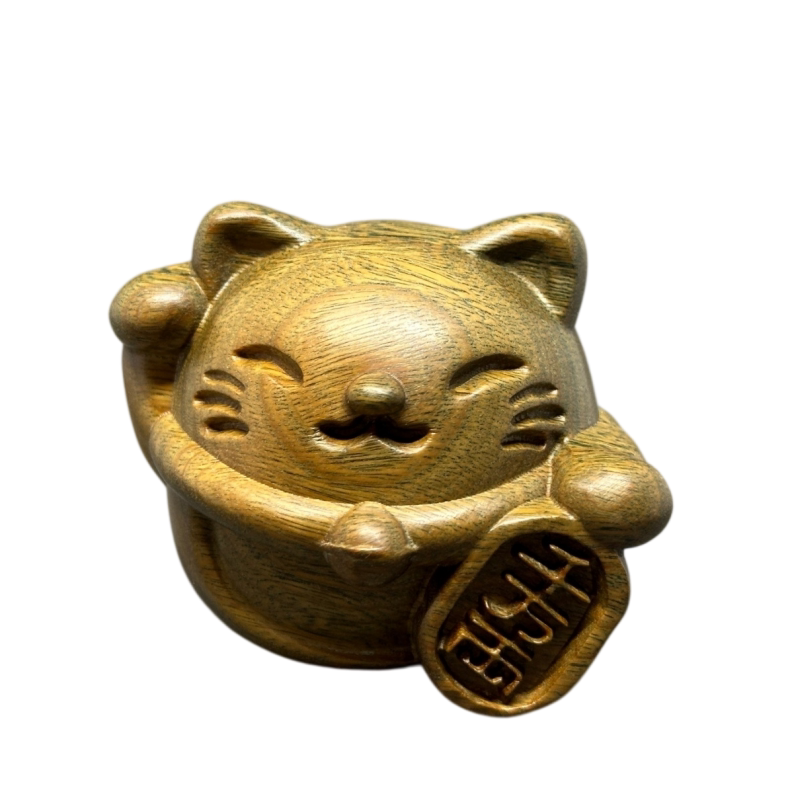 天然绿檀木招财猫千万两文玩摆件