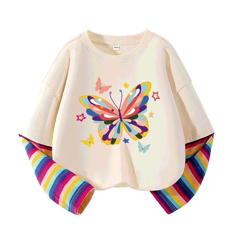 真维斯童装女童T恤长袖纯棉儿童春秋款拼接上衣女孩彩虹打底衫秋