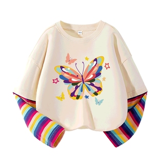 真维斯童装女童T恤长袖纯棉儿童春秋款拼接上衣女孩彩虹打底衫春