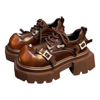 复古真皮松糕厚底小皮鞋女英伦风圆头德比鞋小个子增高加绒乐福鞋