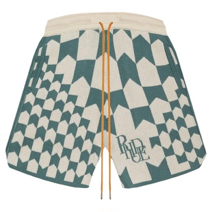 Rhude 夏季男士棋盘格针织抽绳美式高街复古休闲沙滩五分裤短裤
