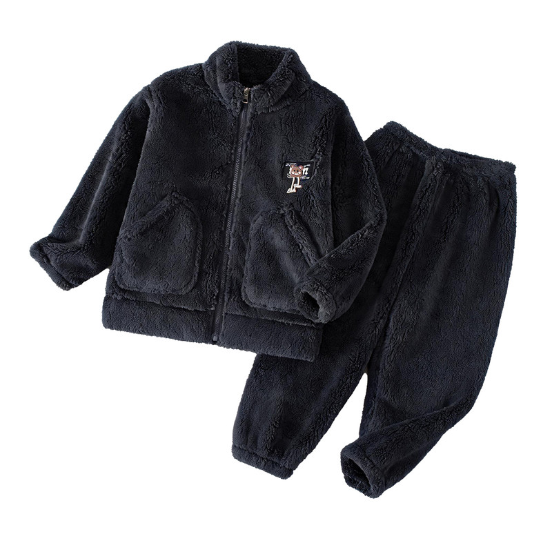 秋冬季儿童法兰绒家居服套装男童女童加厚保暖可外穿拉链睡衣长袖