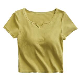 文胸一体式短袖t恤女夏季带胸垫小V领短款露脐运动瑜伽打底上衣