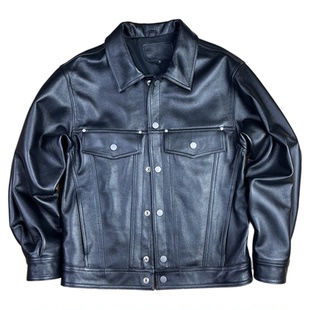 高级黑色小牛皮夹克90年代复古港风扩版外套休闲宽松真皮皮衣男