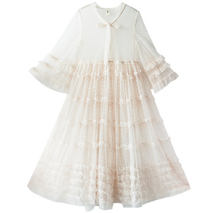 现货【浮云梦】荷叶袖连衣裙女夏季薄款波点网纱蛋糕长裙吊带套装