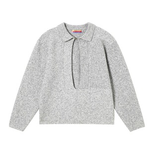 CLP黑灰色翻领深V领长袖针织衫毛衣男女宽松休闲复古慵懒羊毛简约