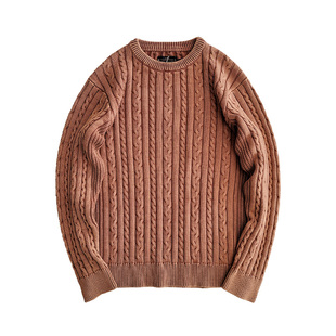 西里布纯棉线圆领套头麻花针织衫长袖拔染做旧咔叽复古休闲非rrl