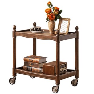 源氏木语西物实木边几客厅美式复古移动角几黑胡木双层置物小推车