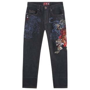 ONIARAI/鬼洗春夏泥棒蓝虎年限定印绣花男士牛仔长裤 22N5405
