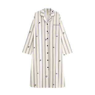 家乐芬睡裙女士睡衣春秋款秋季纯棉长袖条纹裙子可爱熊猫长款开衫