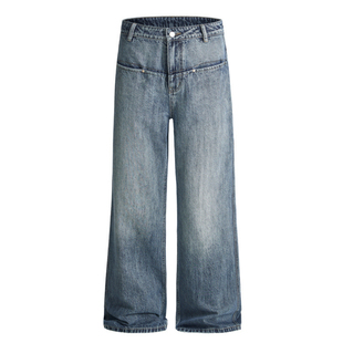 ISTURE美式cleanfit猫须竹节纹做旧微喇牛仔裤男女宽松休闲长裤子