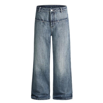 ISTURE美式cleanfit猫须竹节纹做旧微喇牛仔裤男女宽松休闲长裤子