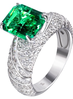 VISING3ct左右培育祖母绿宝石木佐色戒指《国际证书》S925银镀金