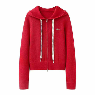 艾诺丝红色本命年连帽羊毛开衫