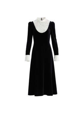 OBEG欧碧倩赫本风复古丝绒连衣裙女冬季名媛法式黑色长裙10484121