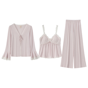 RoseTree莫代尔睡衣三件套春秋女款长袖性感纯欲家居服套装带胸垫