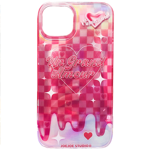 JOEJOE原创格子爱心适用15苹果13手机壳iPhone14pro max镭射12粉Y2K创意15Pro保护壳亮面手机套小众