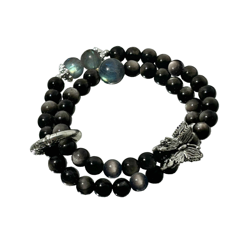 2XY黑银曜石多圈手串月光石拉长石串珠手链双层氛围叠戴蝴蝶原创