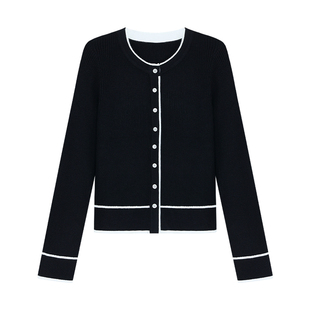 pusumede 朦胧月光 气质圆领针织开衫女拼色设计感修身长袖上衣