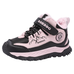 巴布豆女童冬季加绒加厚大棉鞋新款东北抗寒儿童皮面防水运动鞋
