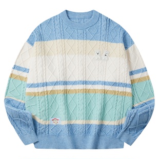 PSO Brand 男装女装仿兔绒可爱小狗撞色条纹宽松圆领套头毛衣外套