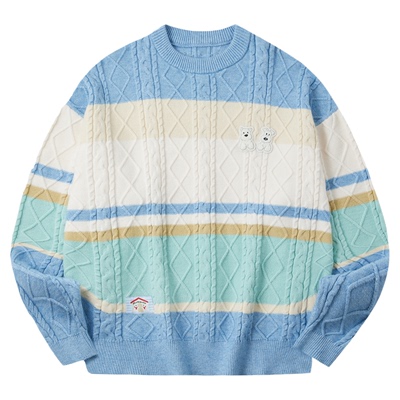 PSO Brand 男装女装仿兔绒可爱小狗撞色条纹宽松圆领套头毛衣外套